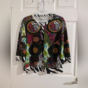 Joseph Ribkoff Vibrant Mixed Print Button-Up Cardigan Eclectic Chic Office Sz 18
